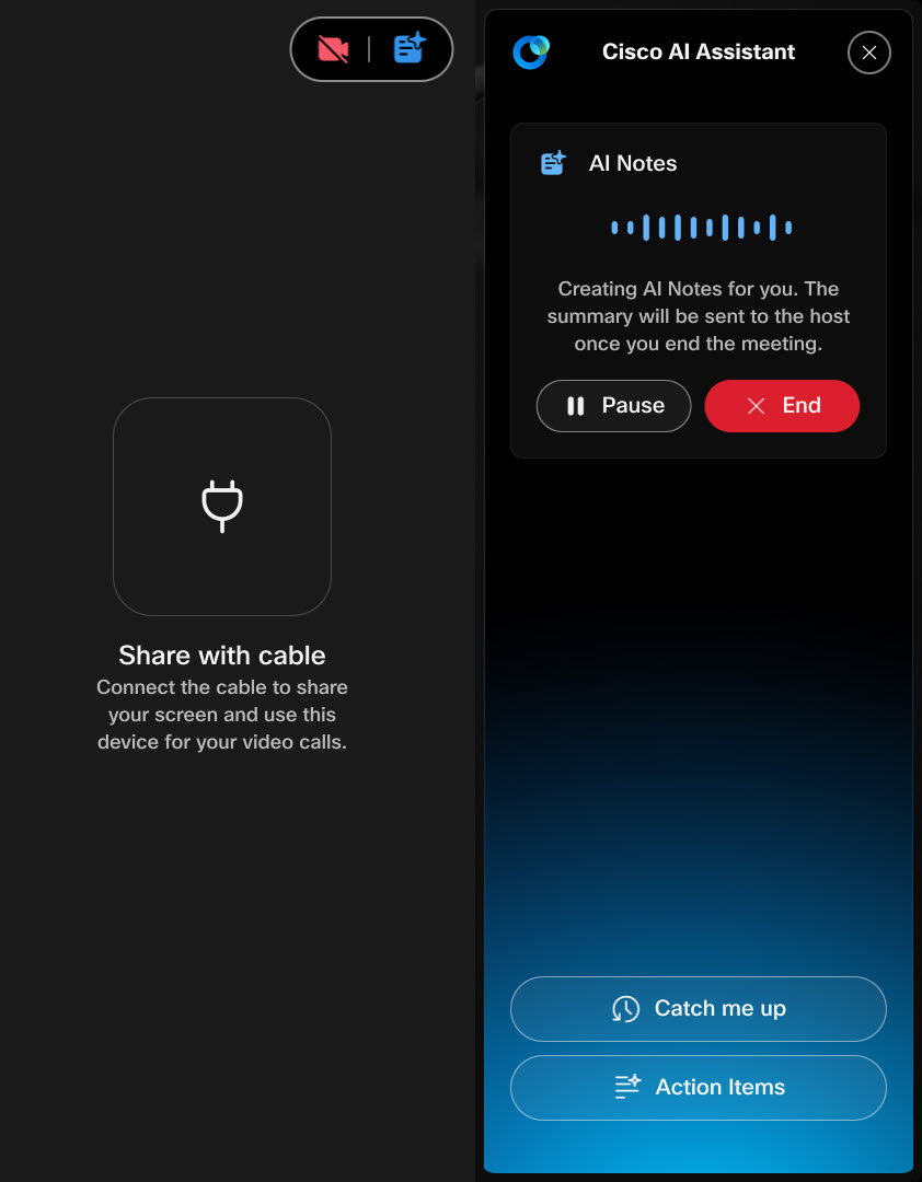Part of a device homescreen with a meeting about to begin and the AI Notes side panel open to start transcribing.