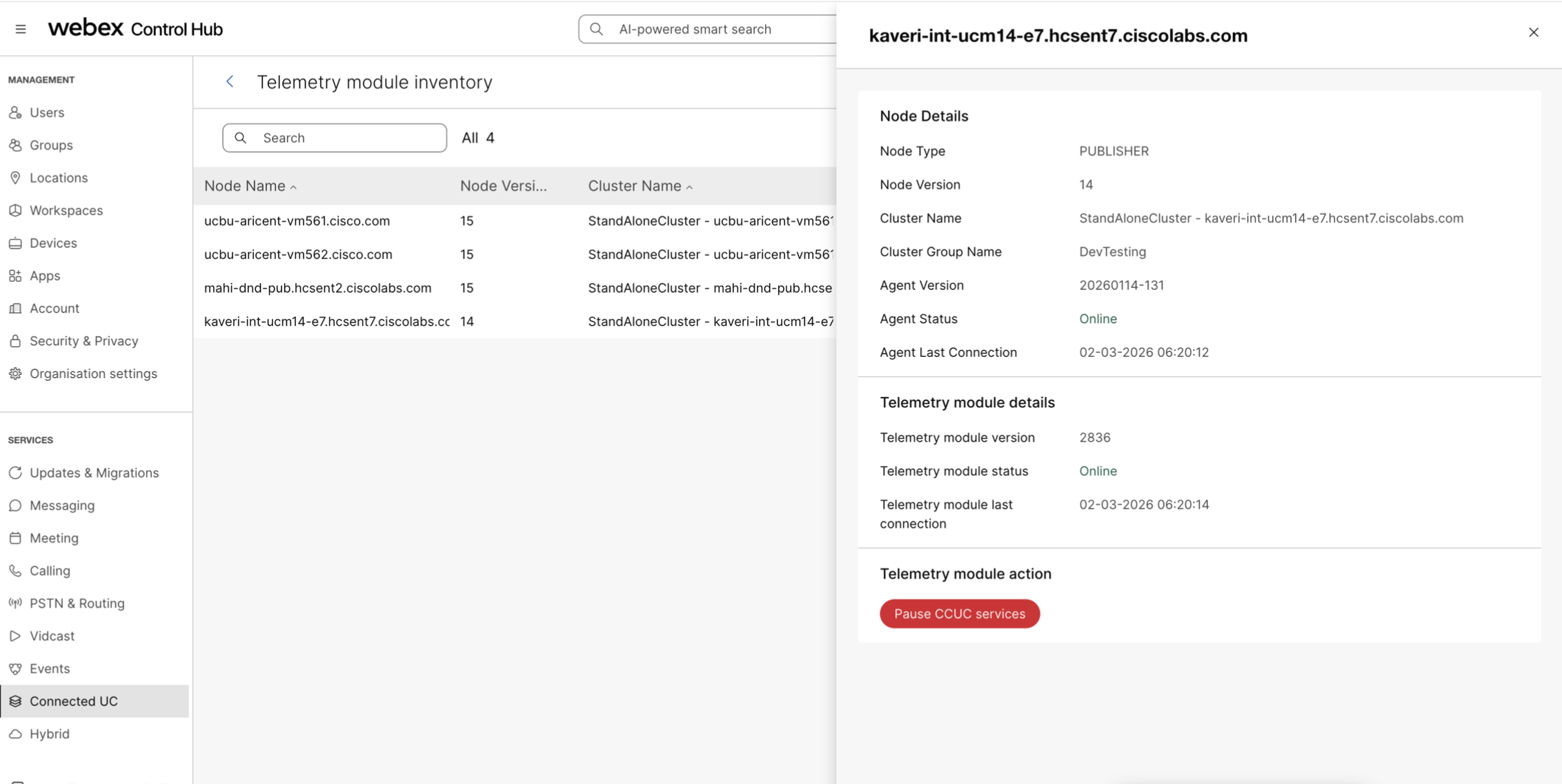 The CCUC service toggle to Pause and Resume the telemetry services.