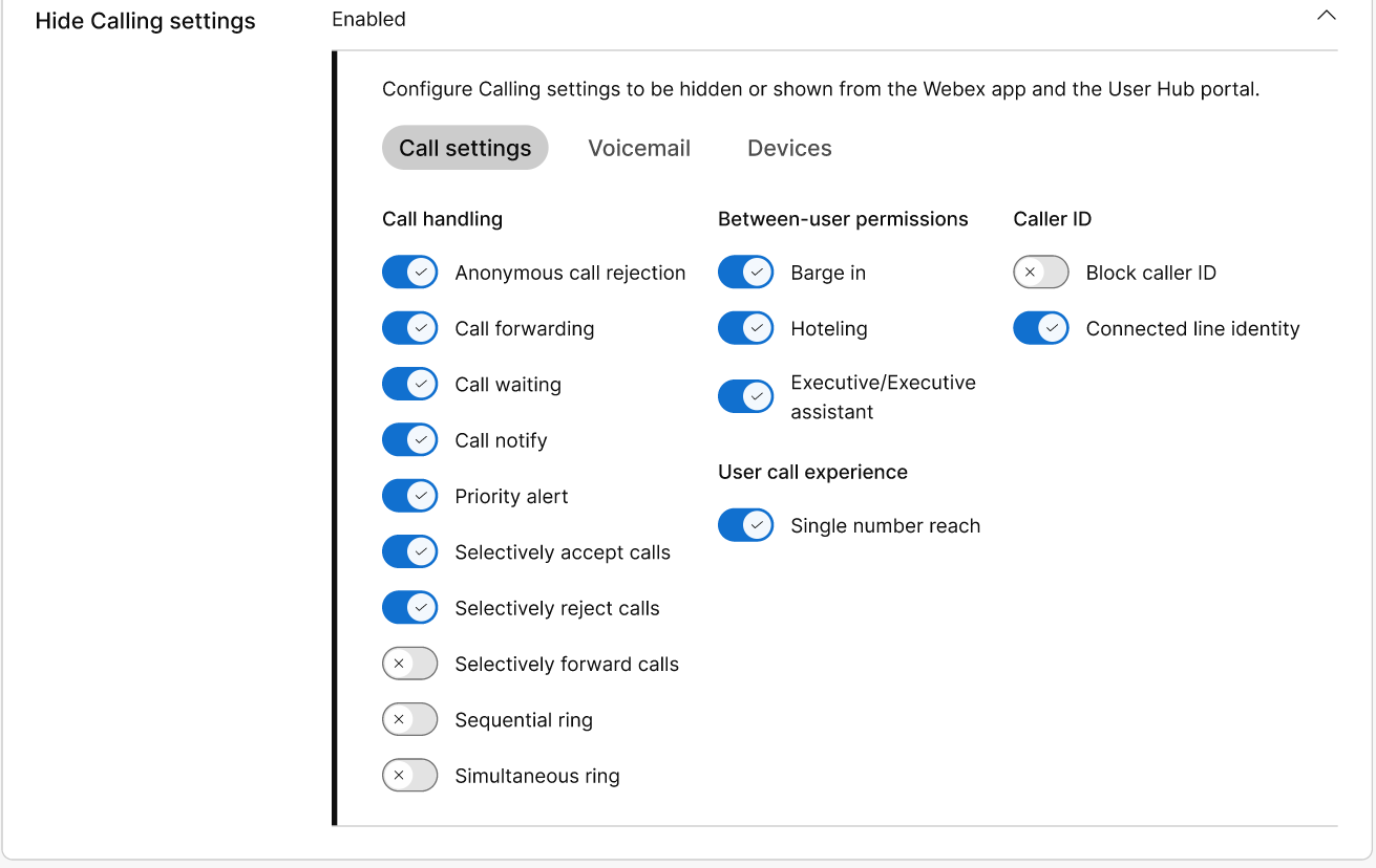 Hide calling settings