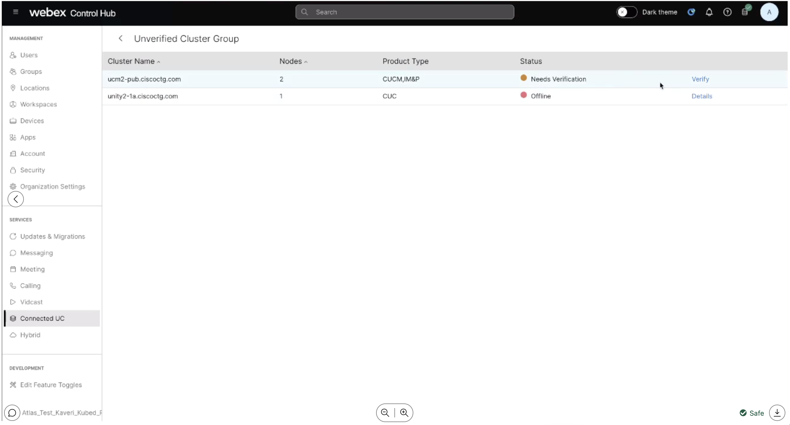 Webex Control Hub interface showing the "UC Management" inventory page. It features a table for Cluster Groups. The status is listed as "Needs Verification,". with an action link labeled "Resolve".