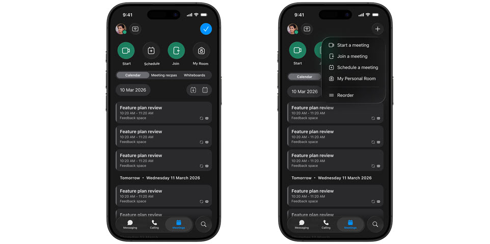 Meetings tab on iPhone