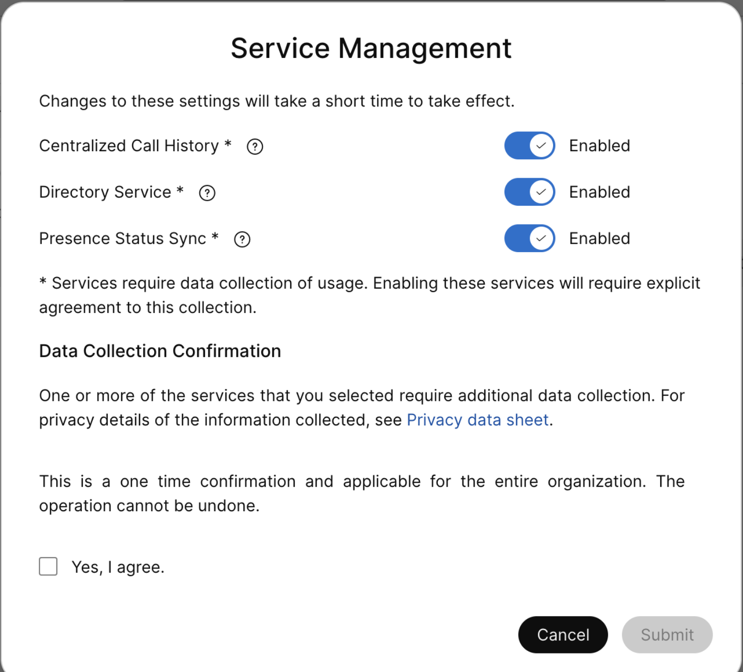 A "Service Management" configuration window showing three services. Centralized Call History, Directory Service, and Presence Status Sync all toggled to "Enabled."