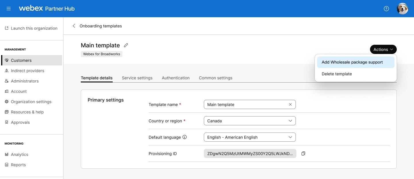 Template details screen with Add Wholesale package support option chosen from the Action drop-down