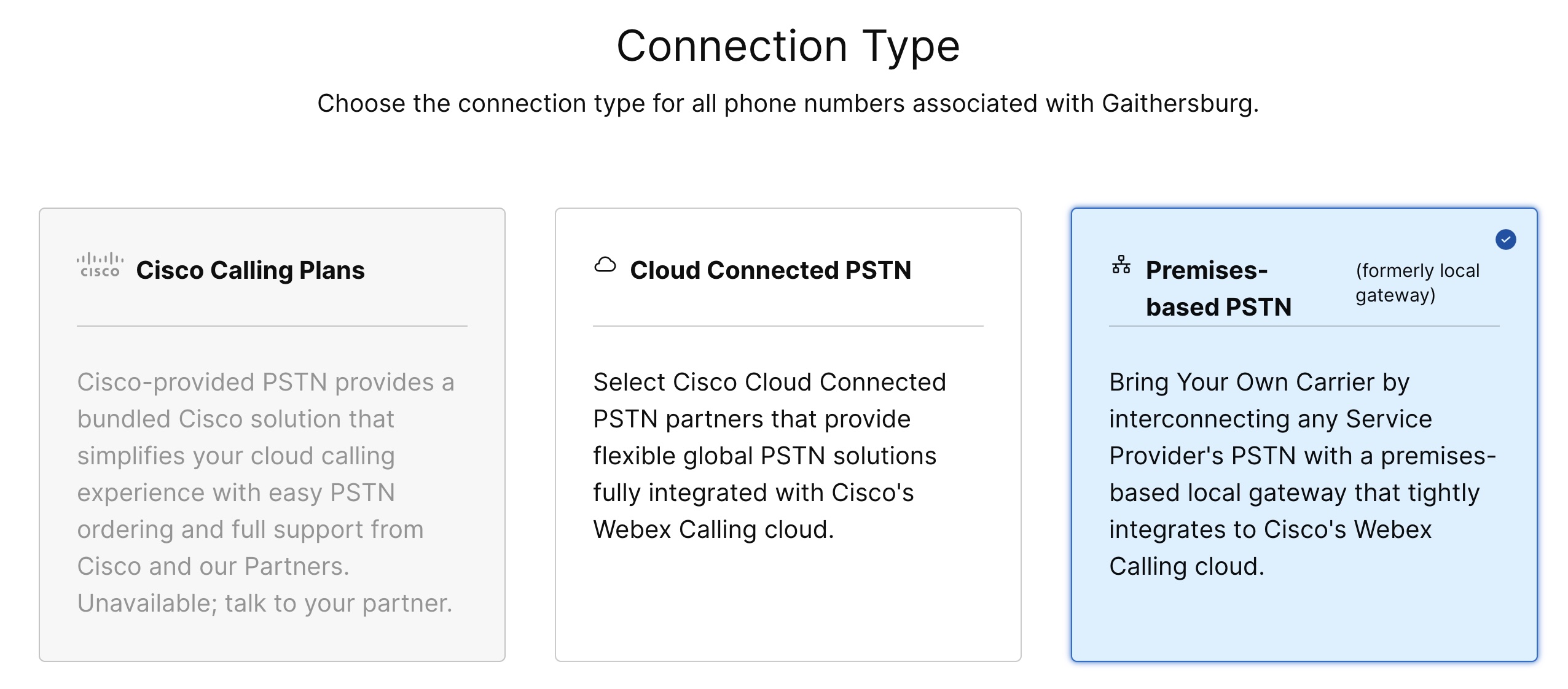 Connection type screen with Premises-based PSTN option selected