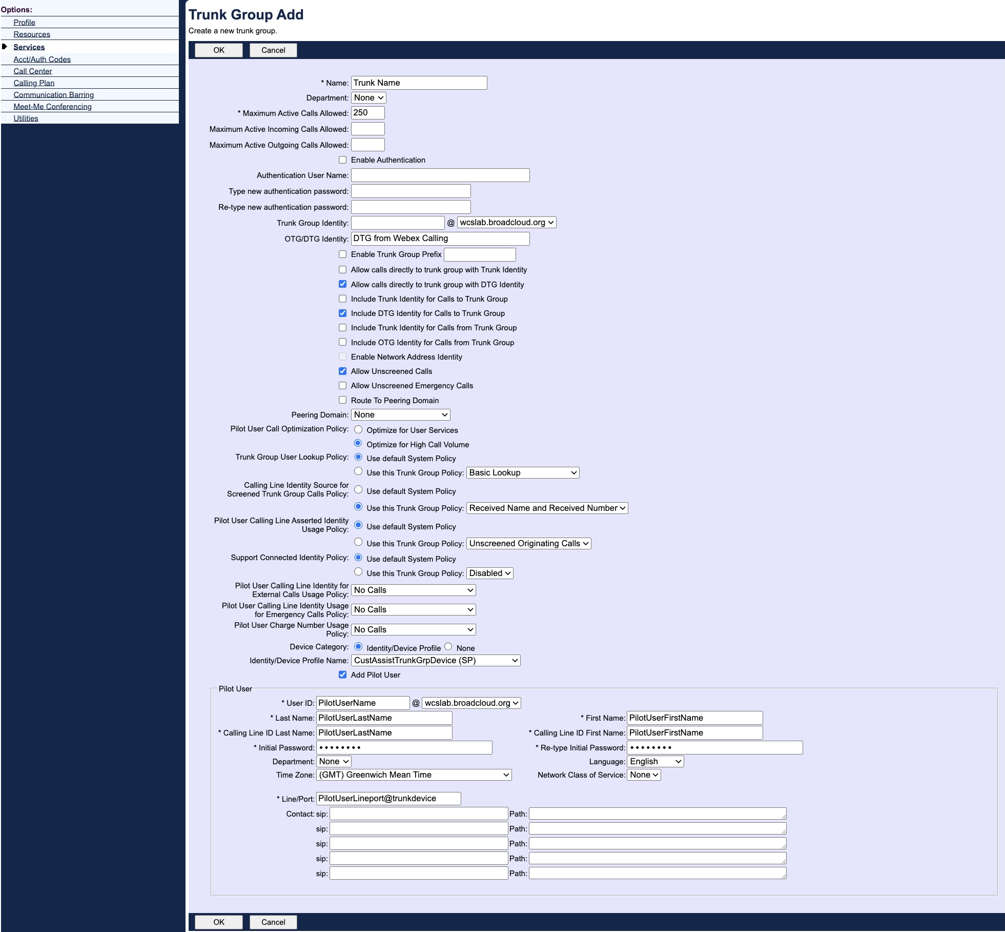 BroadWorks trunk group modify screen