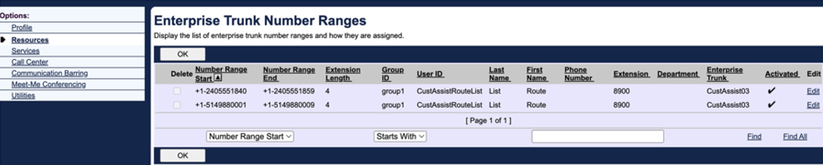 BroadWorks enterprise trunk number ranges screen displaying the list of enterprise trunk number ranges and how they are assigned