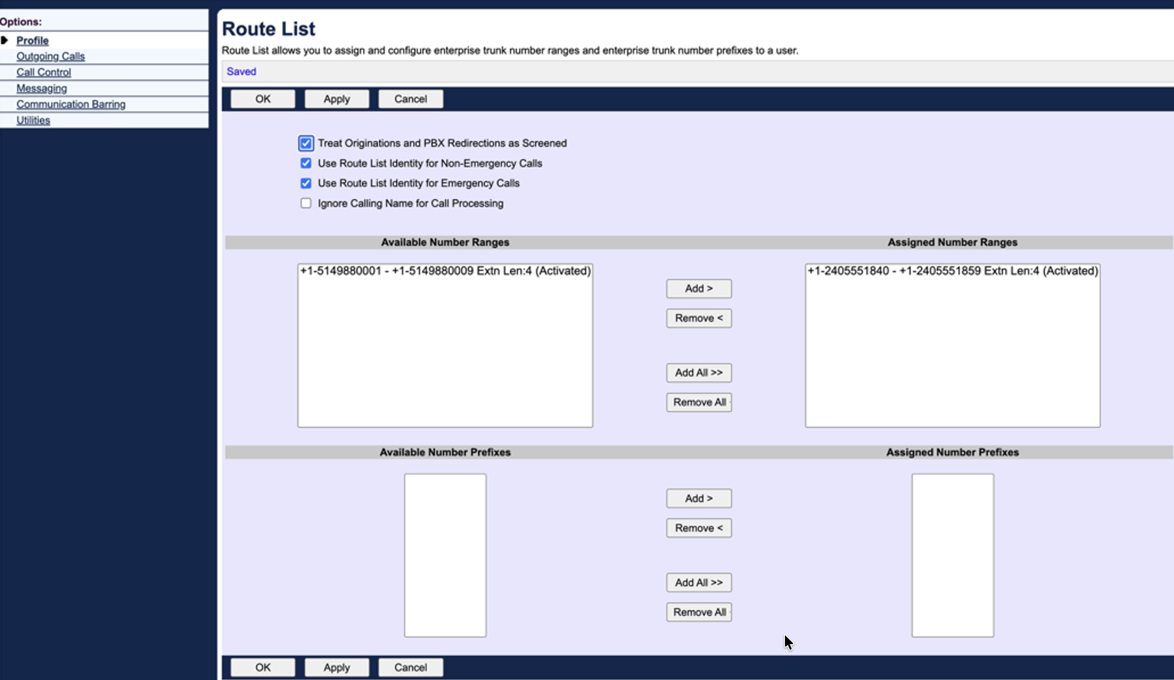 BroadWorks route list screen