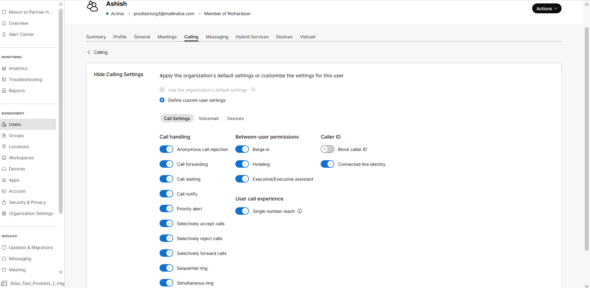 Hide calling settings at user level