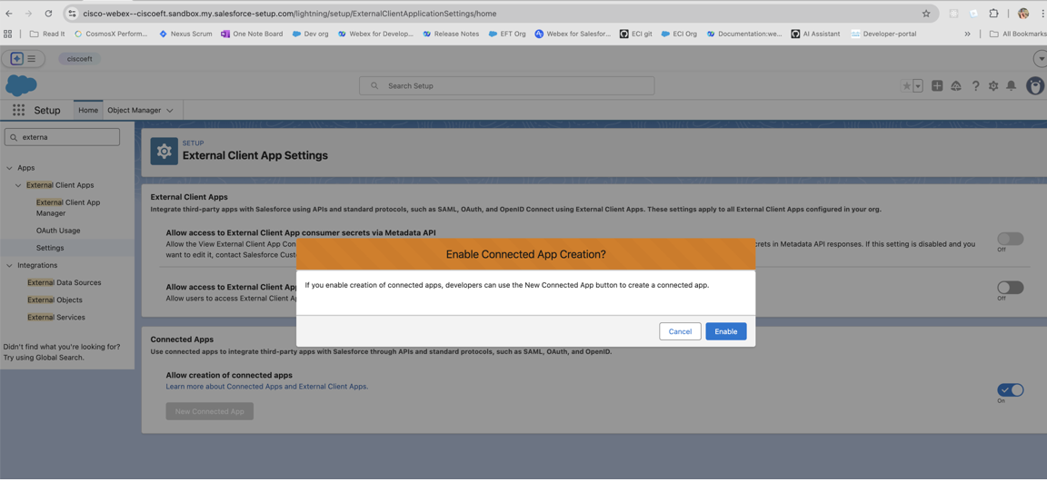 Enable connected app creation