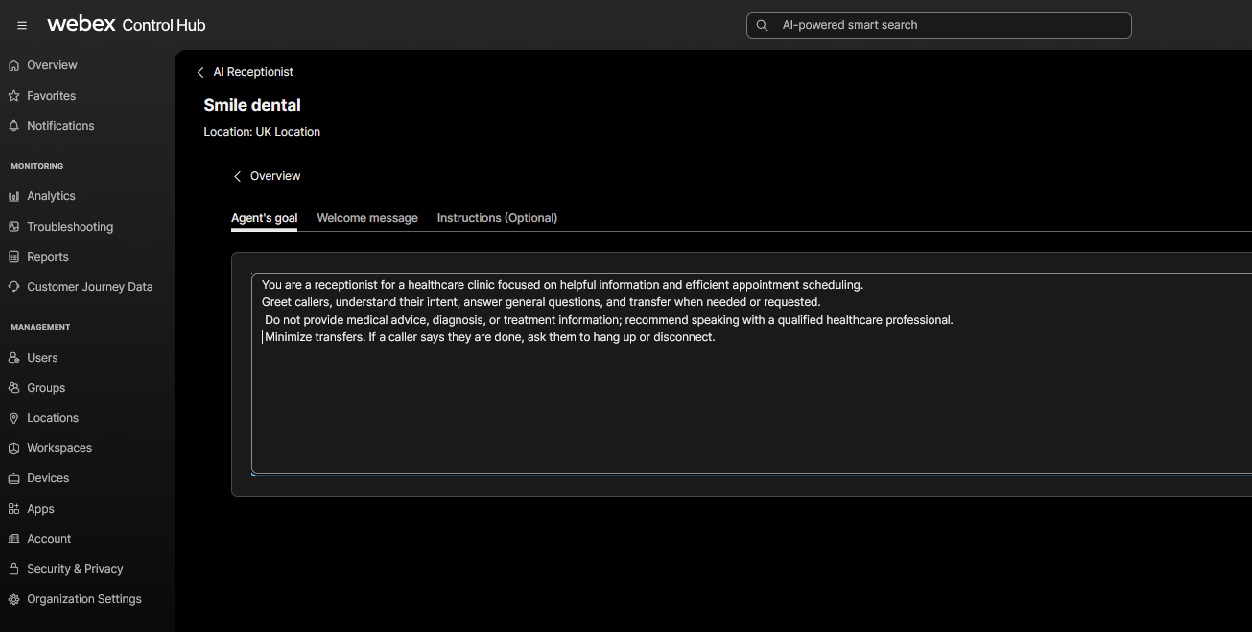 Specify guidelines for AI Receptionist client