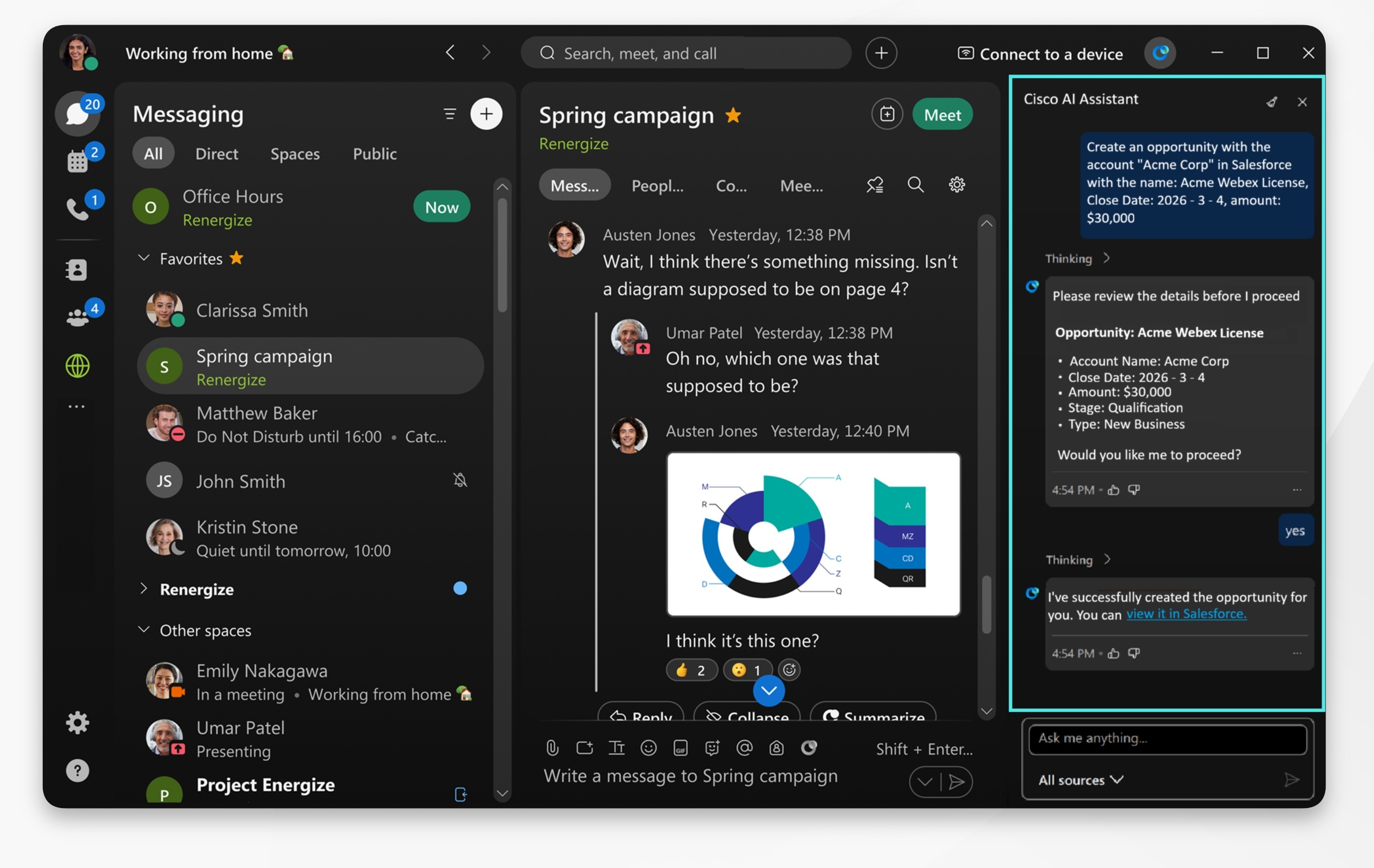 Webex App showing AI Assistant panel for Salesforce - creation of salesforce opportunity account