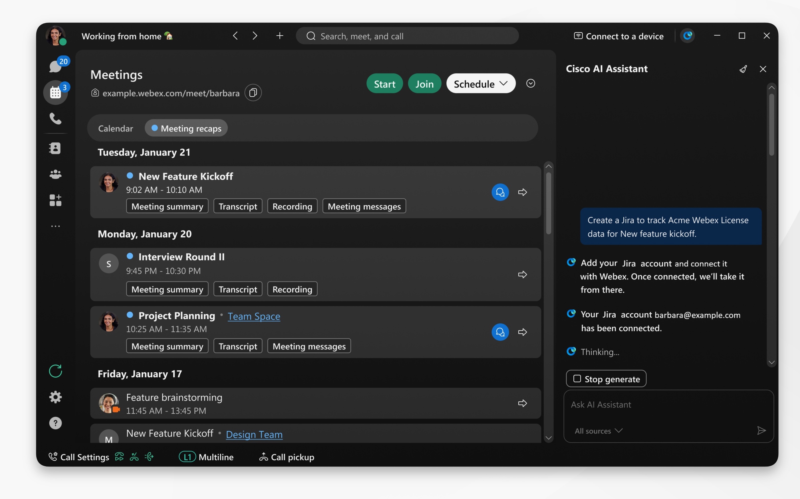 Webex App meeting tab showing AI Assistant panel - asking to create Jira