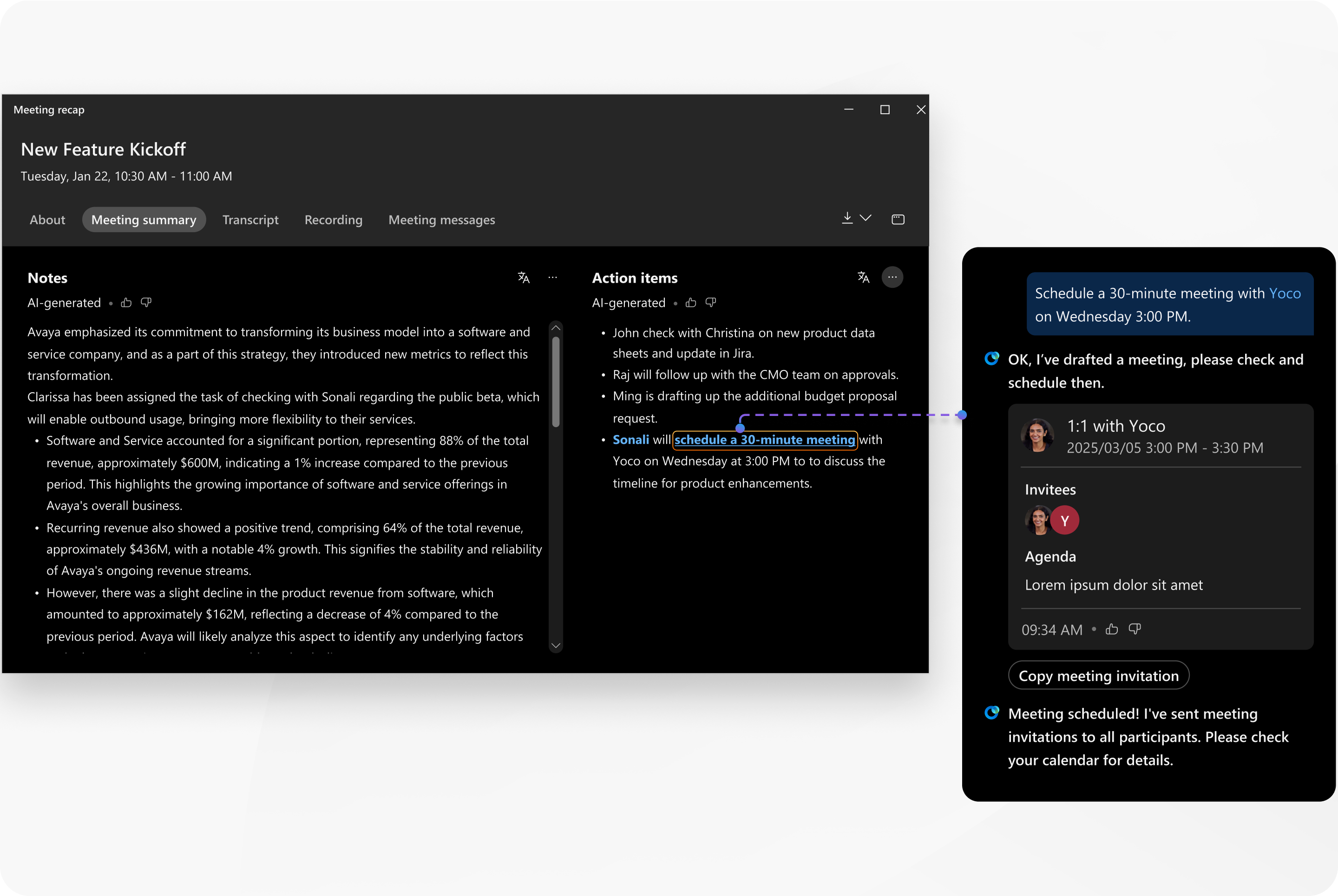 Schedule a meeting from an action item with help of Cisco AI Assistant