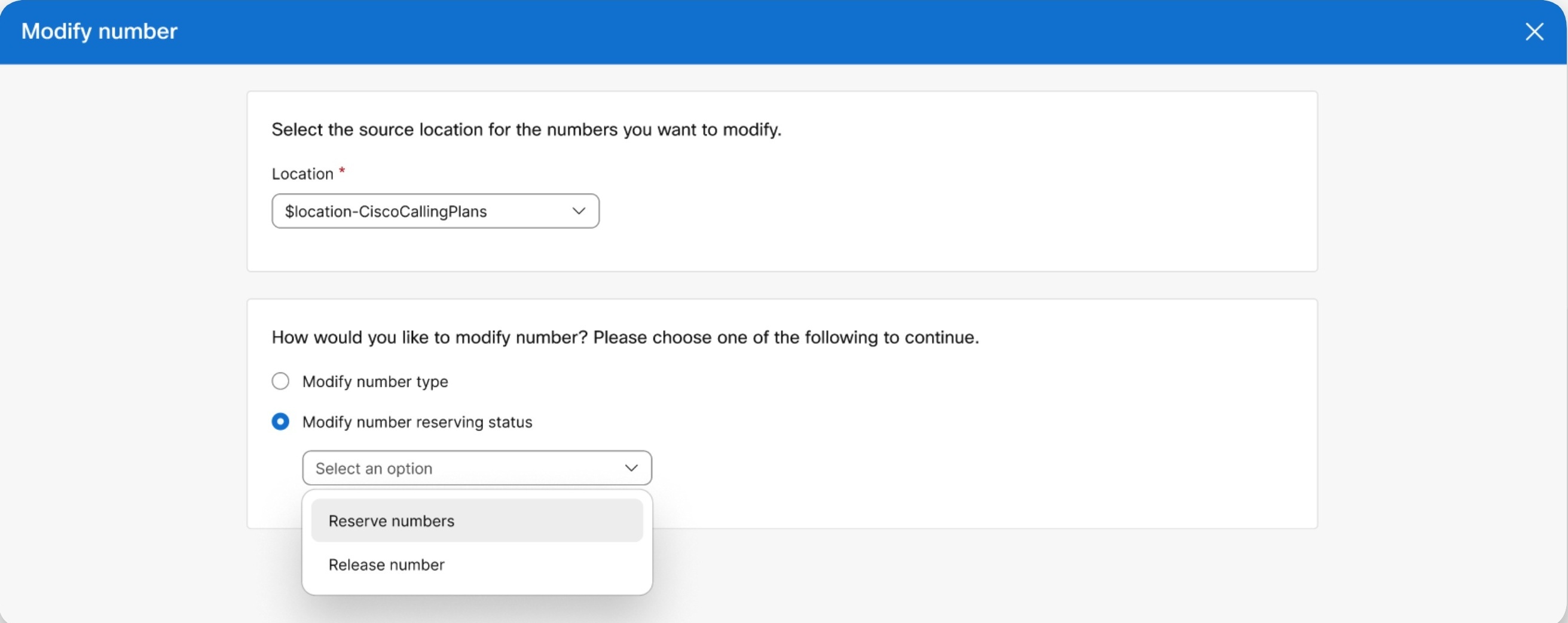 Selecting Location and reserving a number