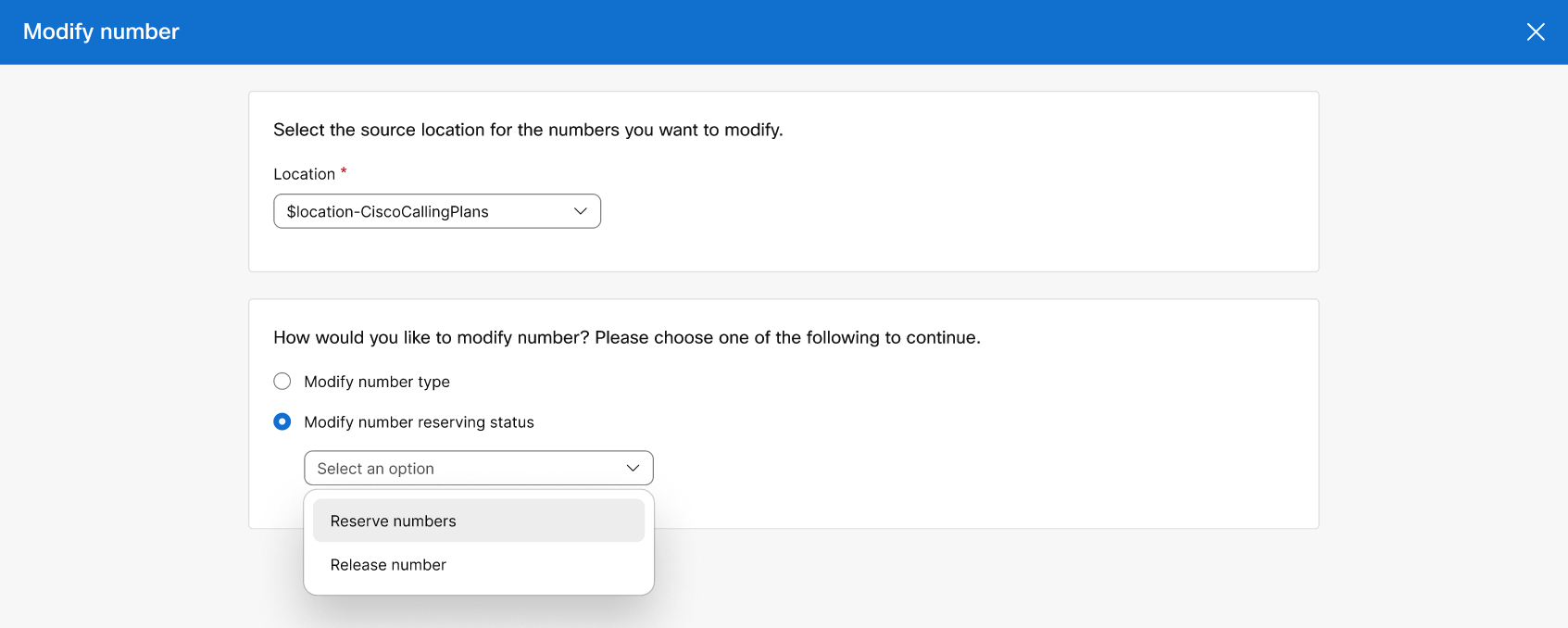Selecting Location and reserving a number