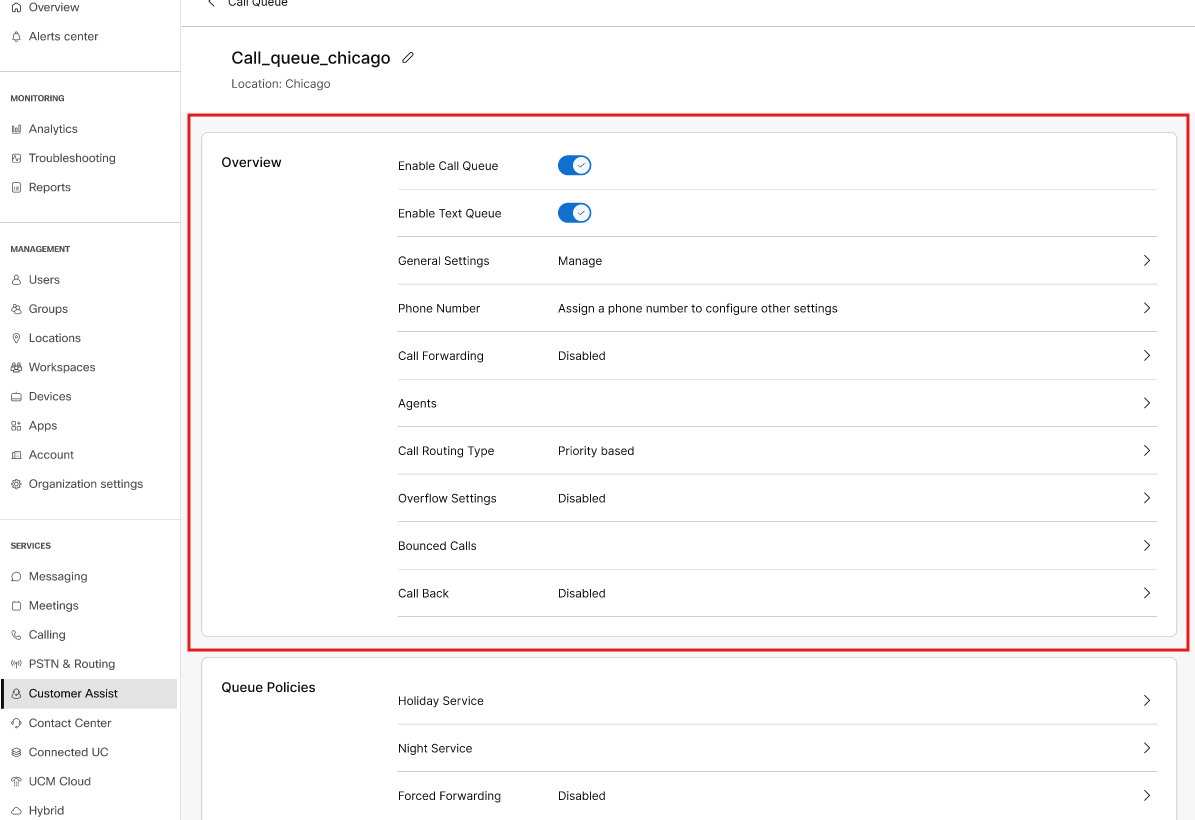 General settings of Customer Assist Call Queue