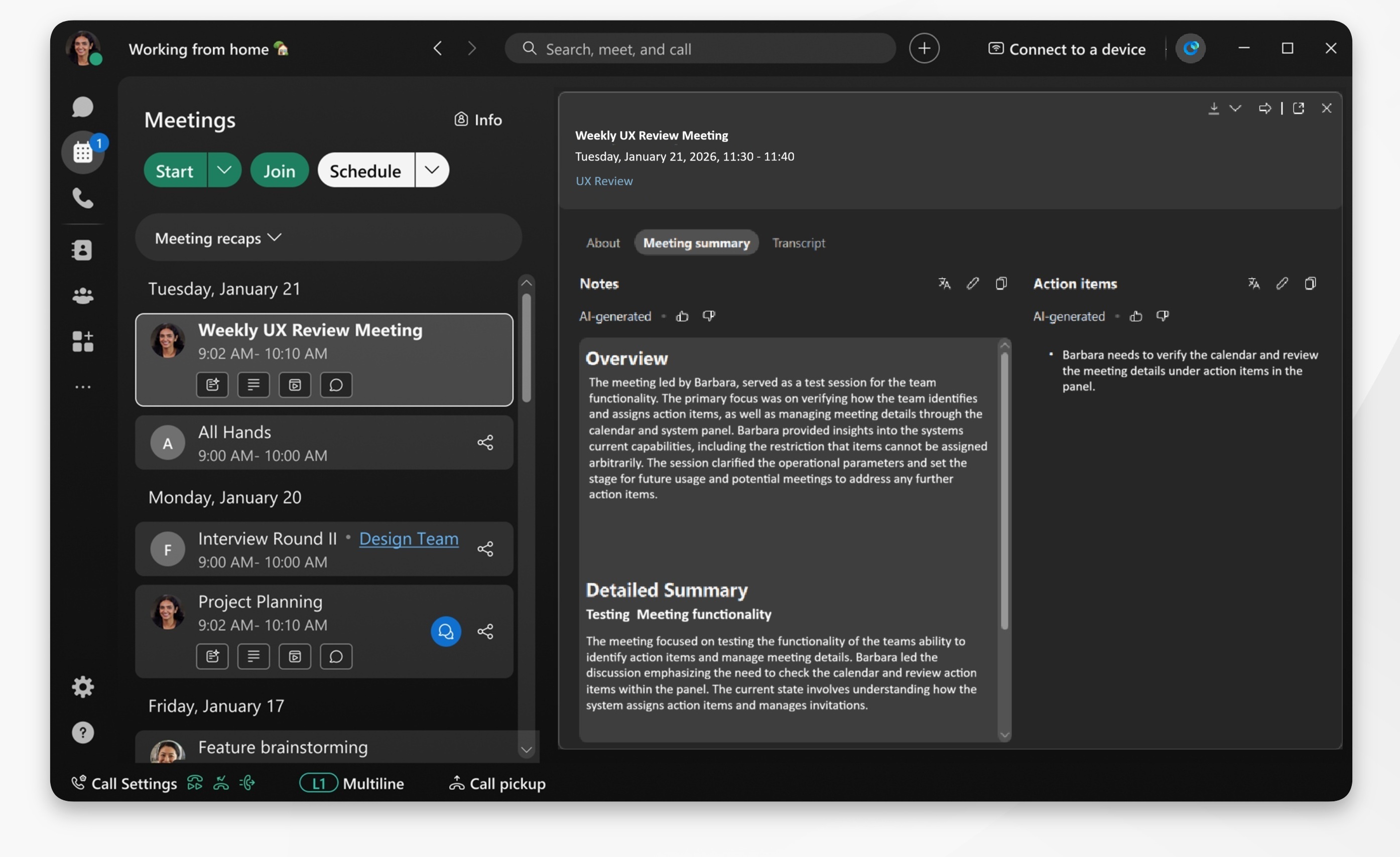 Webex app screen showing meeting summary with overview and action items