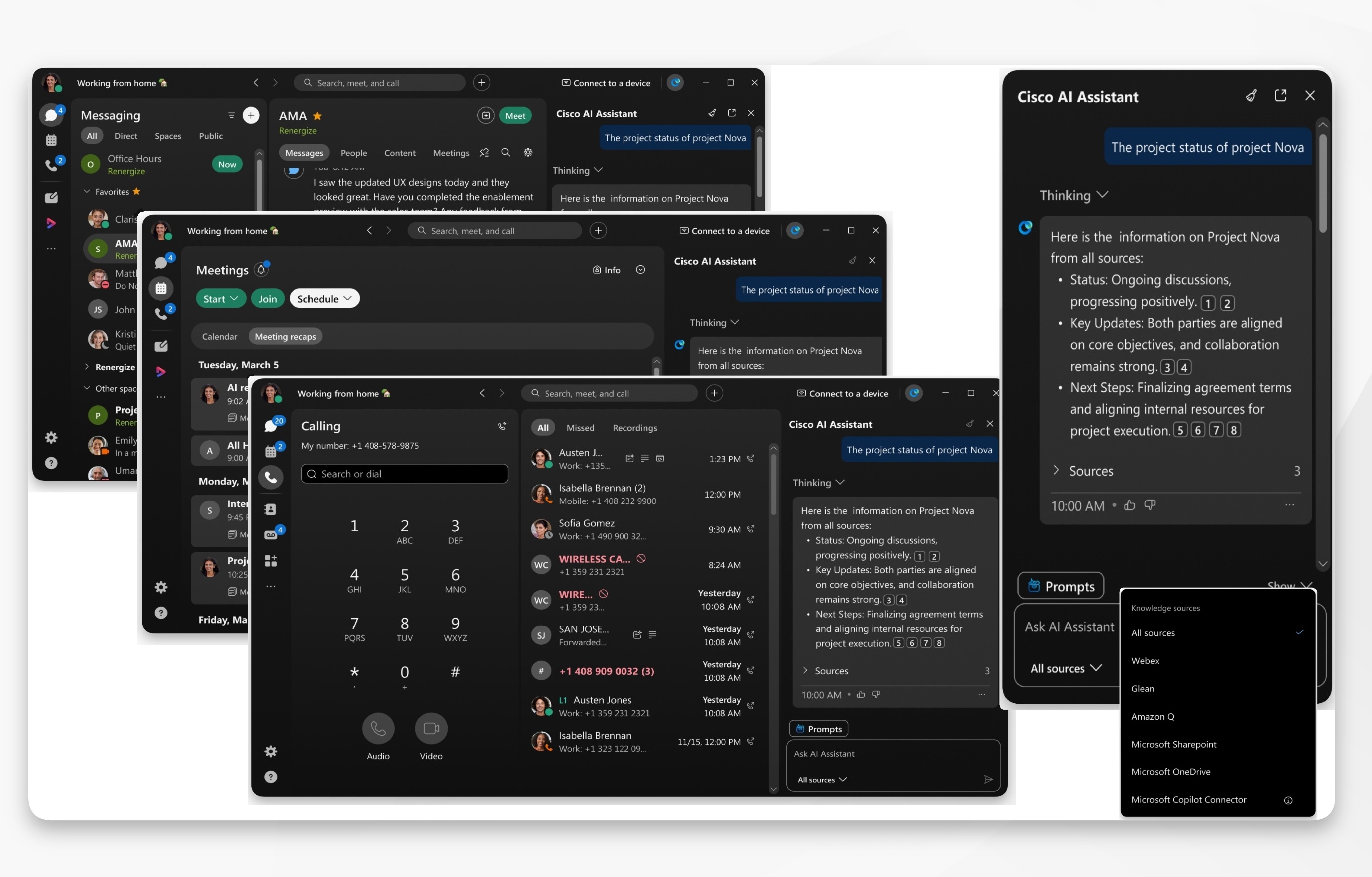 Ask AI Assistant showing across all app tabs - messaging, meetings, calling, with AI panel overview showing sources list