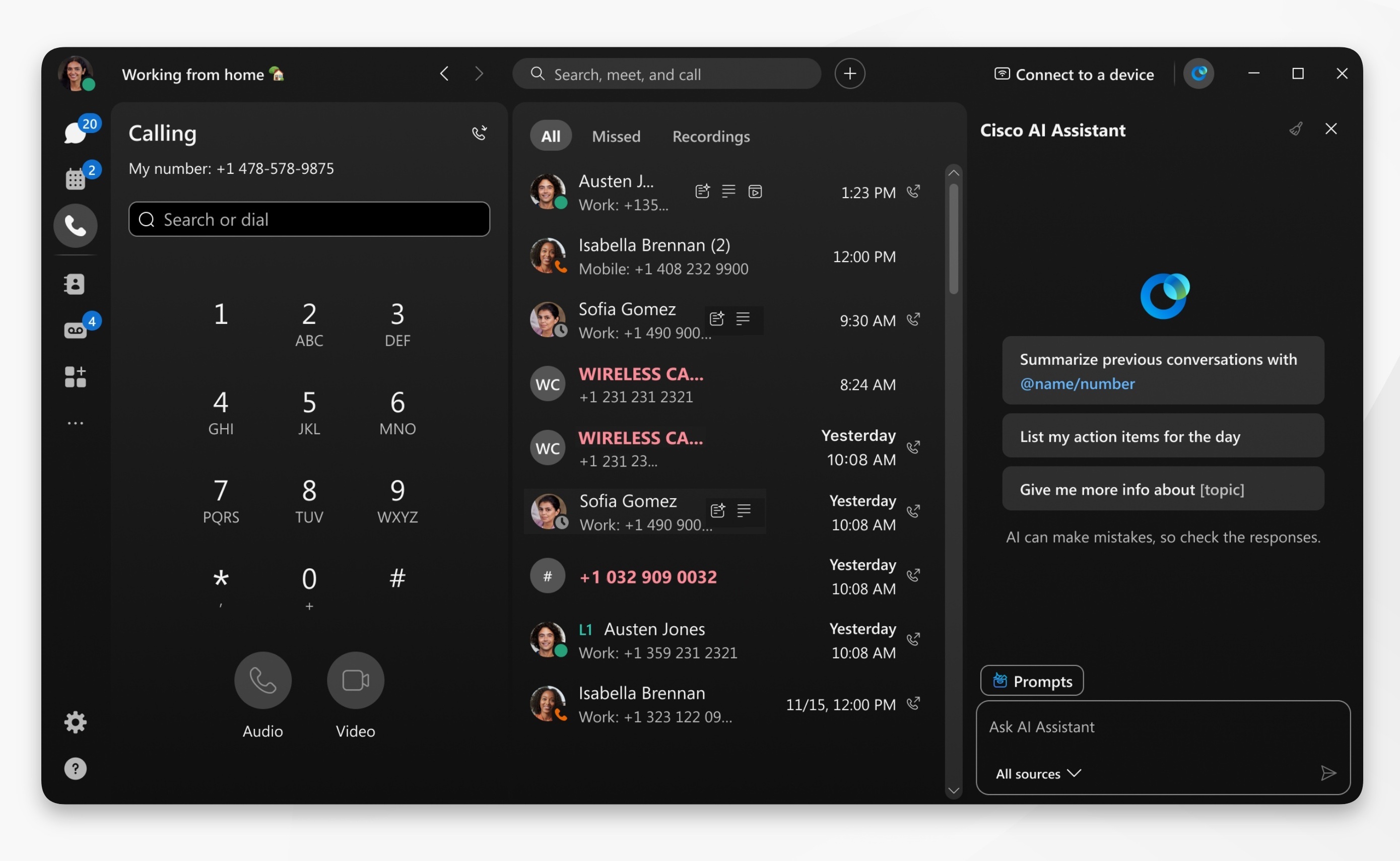 AI Assistant panel as displayed with Calling tab selected