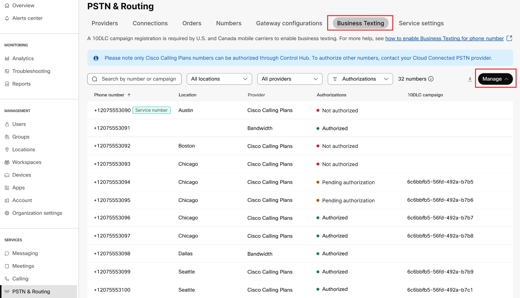 PSTN numbers business texting authorization