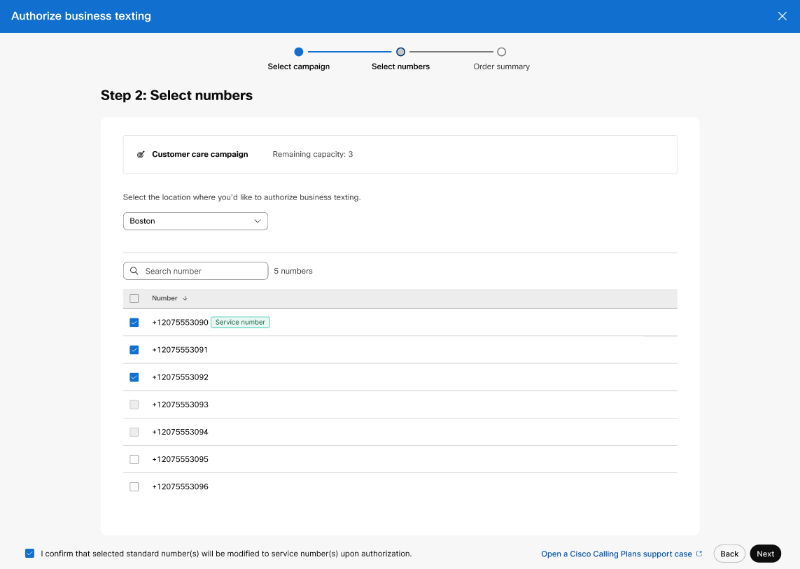 Number selection for business texting