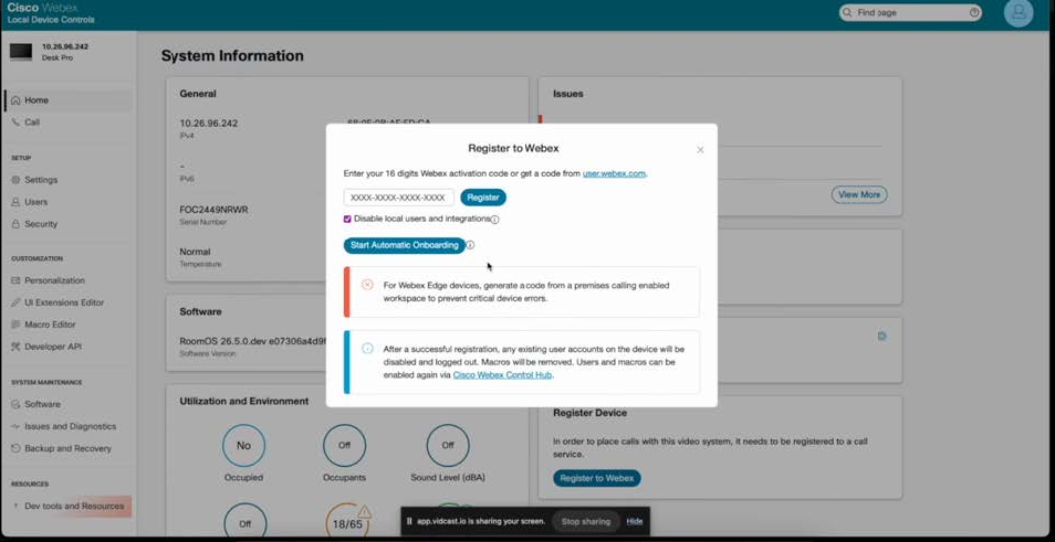 Register to Webex dialog