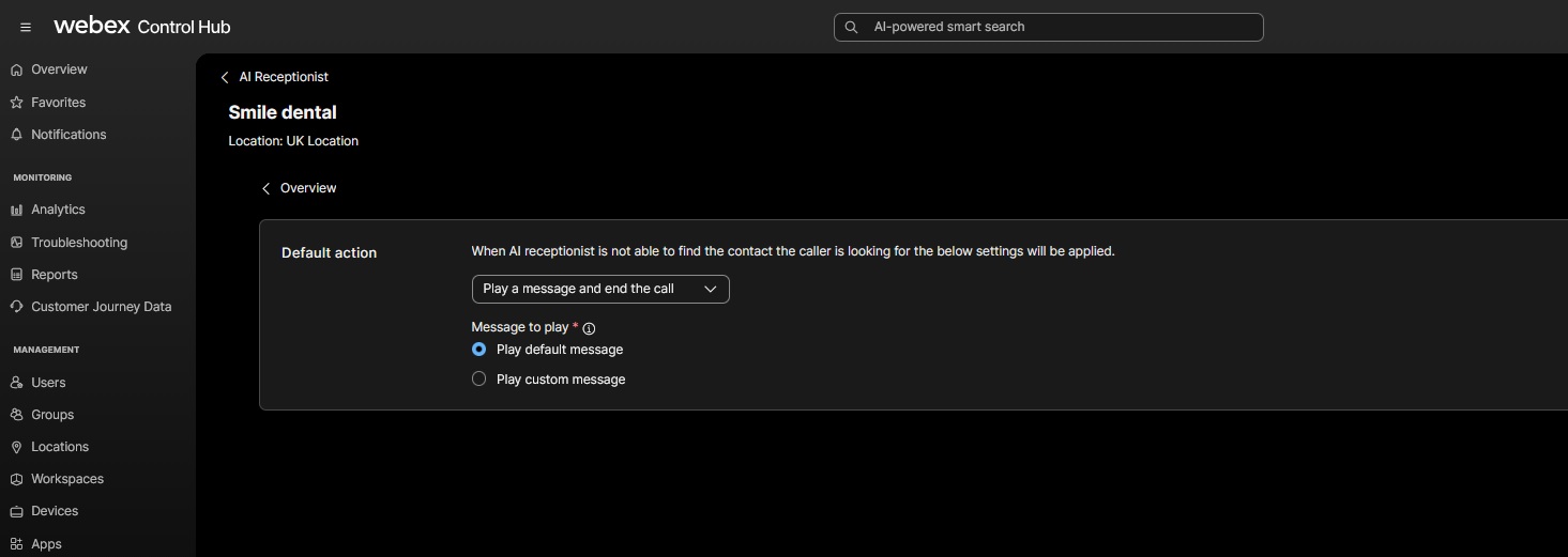 Set a default action when Ai Receptionist is unable to find a contact