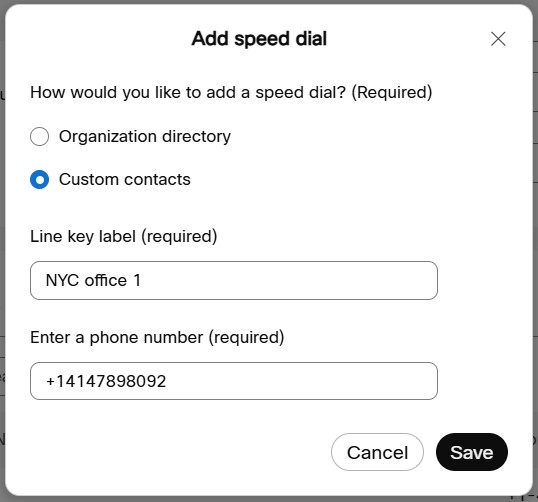 Adding a custom contact as speed dial