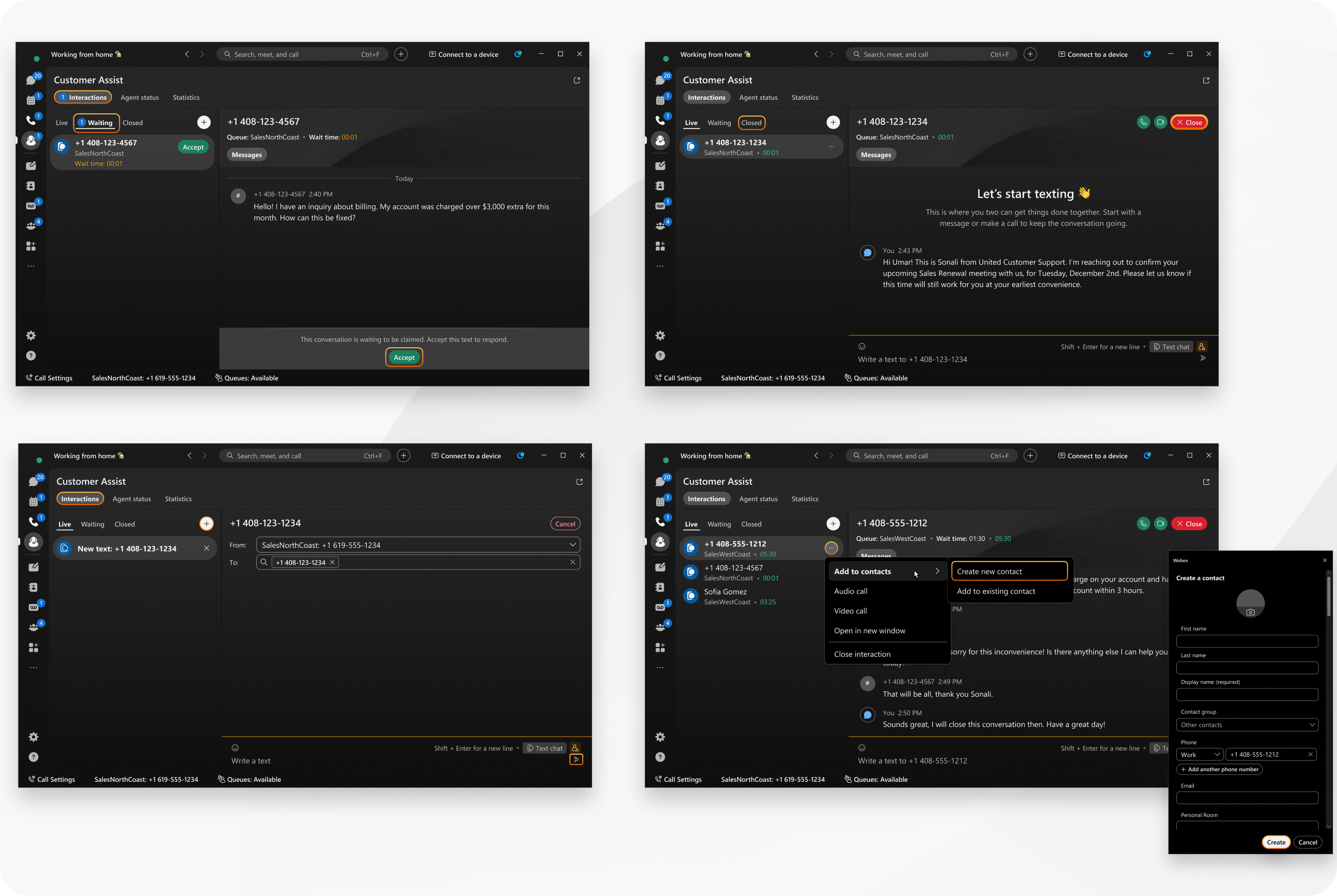Webex Calling Customer Assist, send and receive SMS messages to follow up on calls and exchange information in real-time