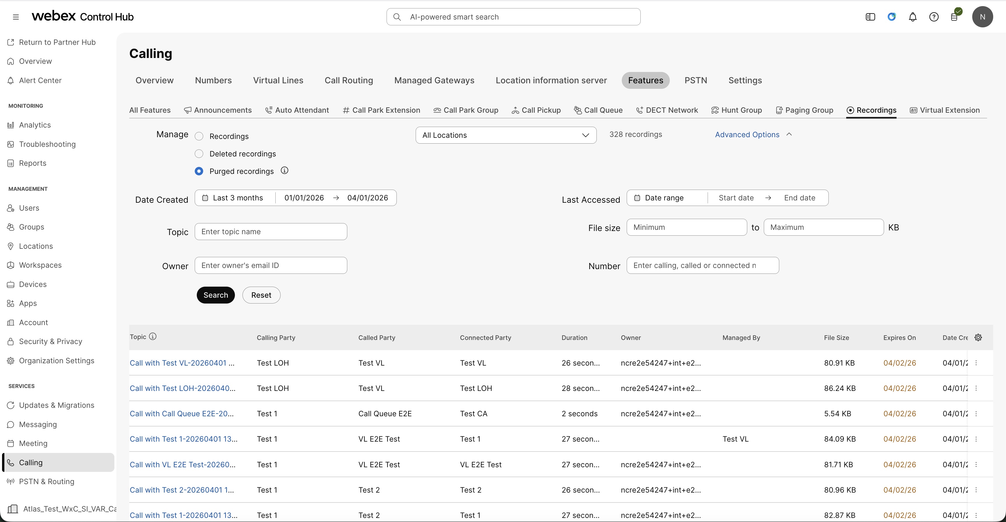 View and manage the purged call recordings