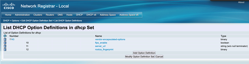 Screenshot of DHCP option 43 definitions for 9821 on Cisco Network Register