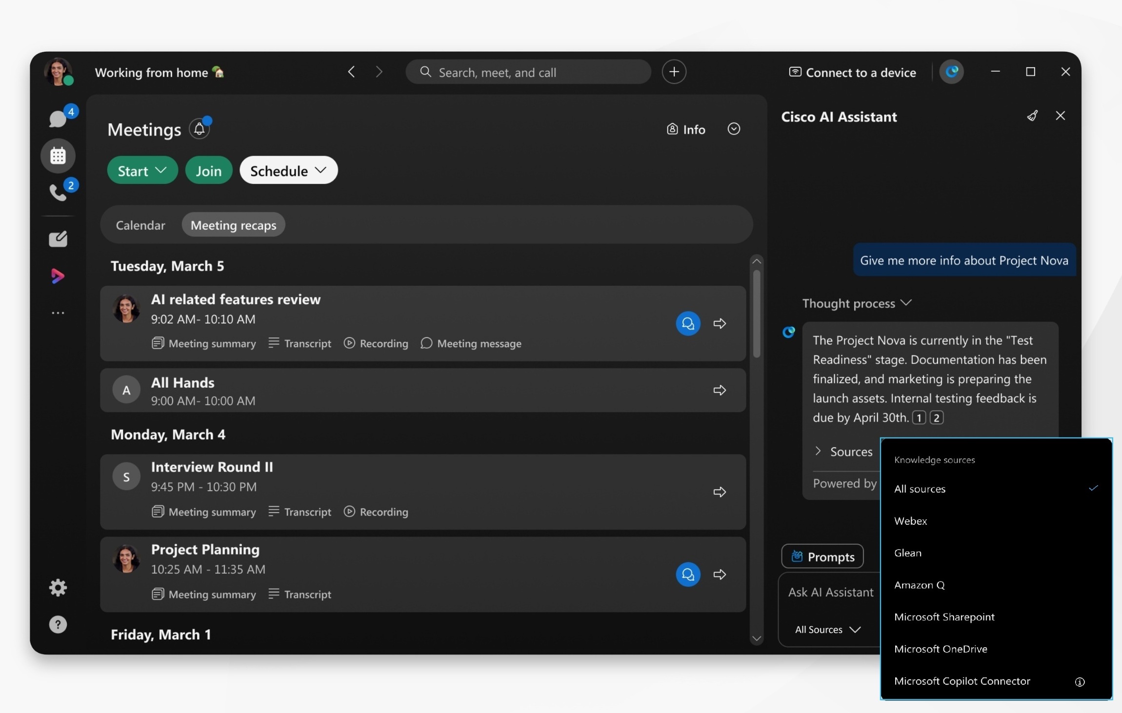 Webex App showing AI Assistant panel with knowledge sources including Microsoft data sources