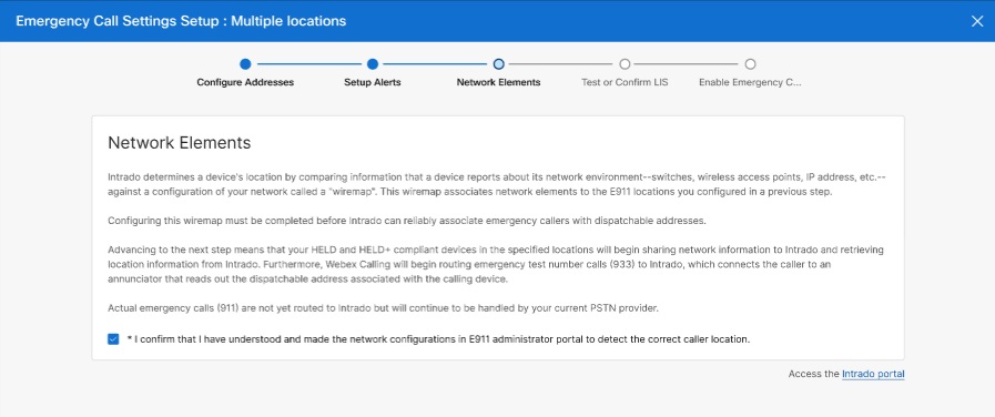 Complete network configuration for the wiremap from the Intado portal to associate emergency calling