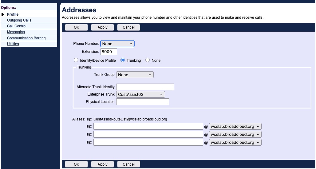 BroadWorks Addresses screen with Trunking option selected