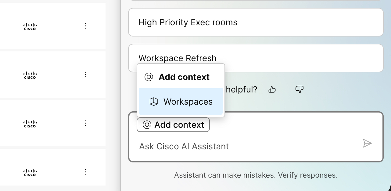 Close up of the ask AI Assistant field with Add context selected. Add context shows the Workspaces context option.