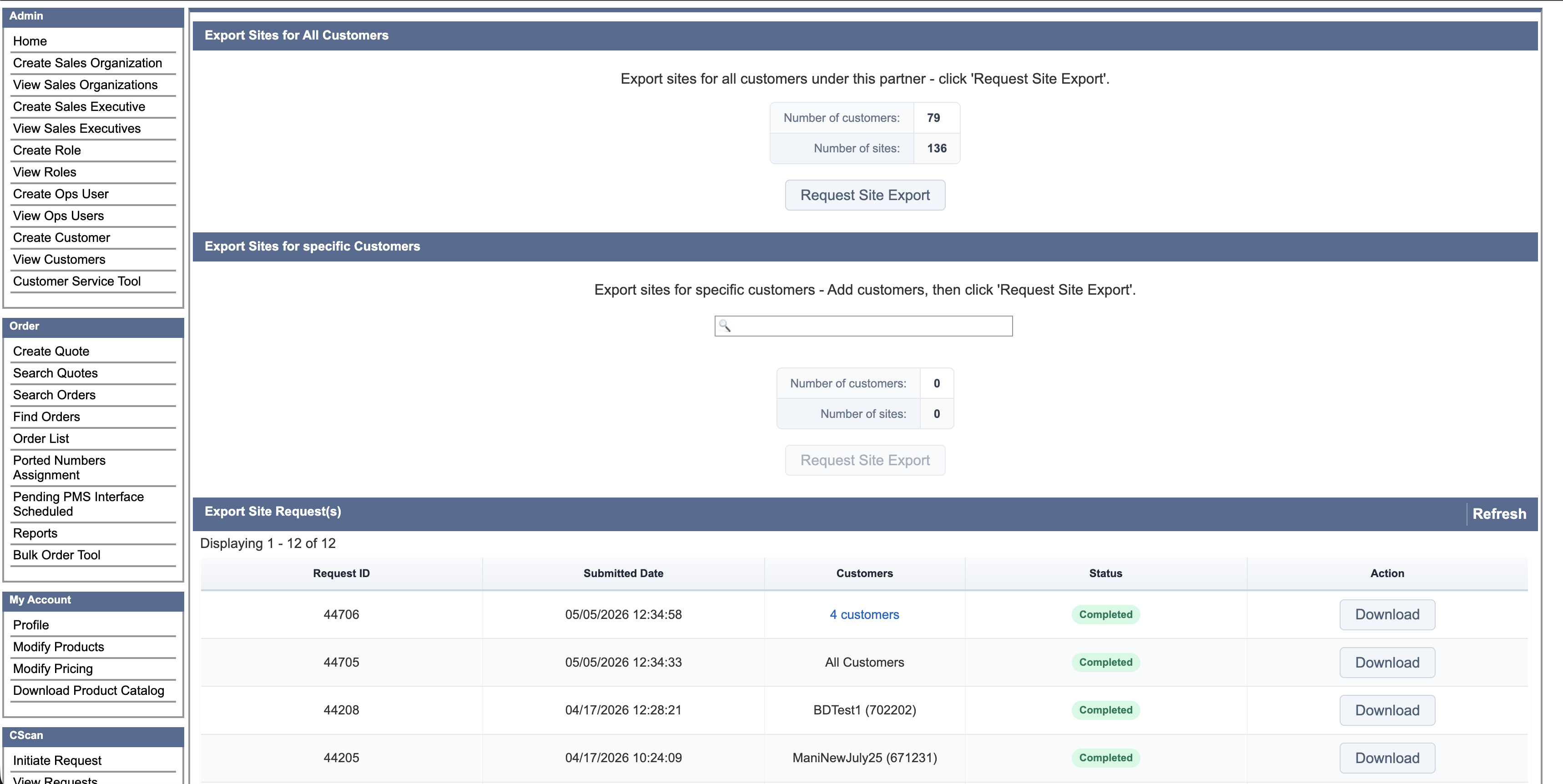 The tools to export site data for customers and displays a table of completed export request history.