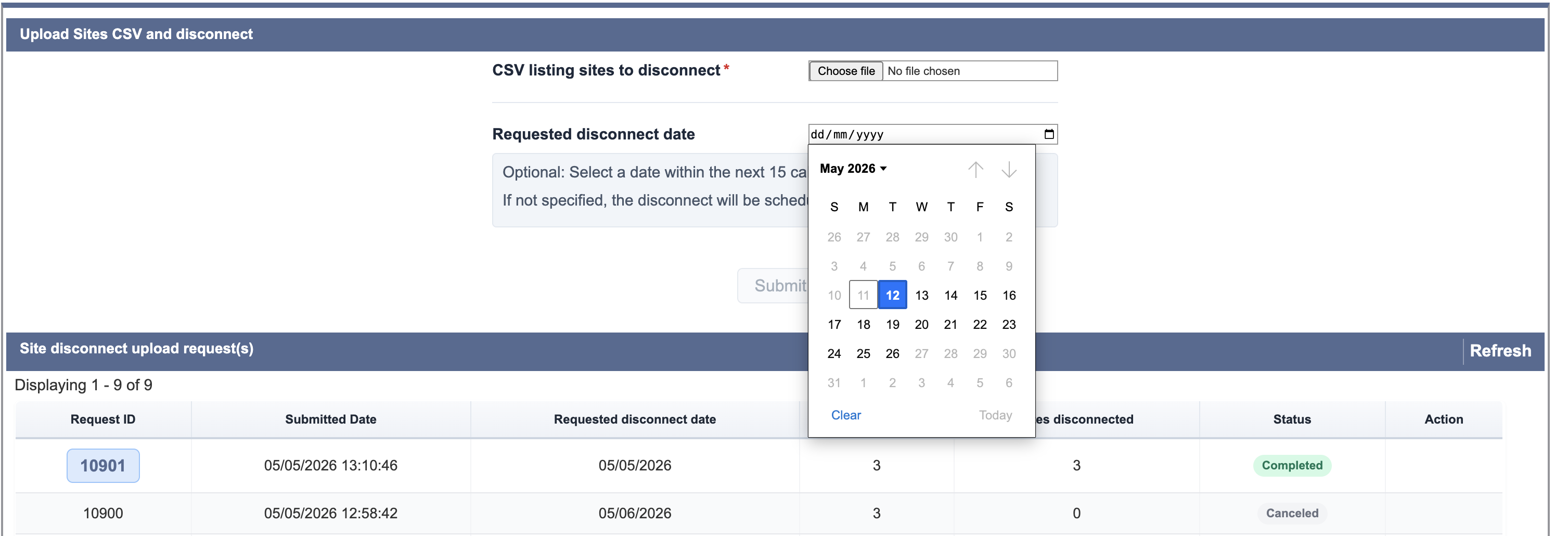 This interface allows users to upload a CSV file to initiate bulk site disconnections and view the status of previous requests.