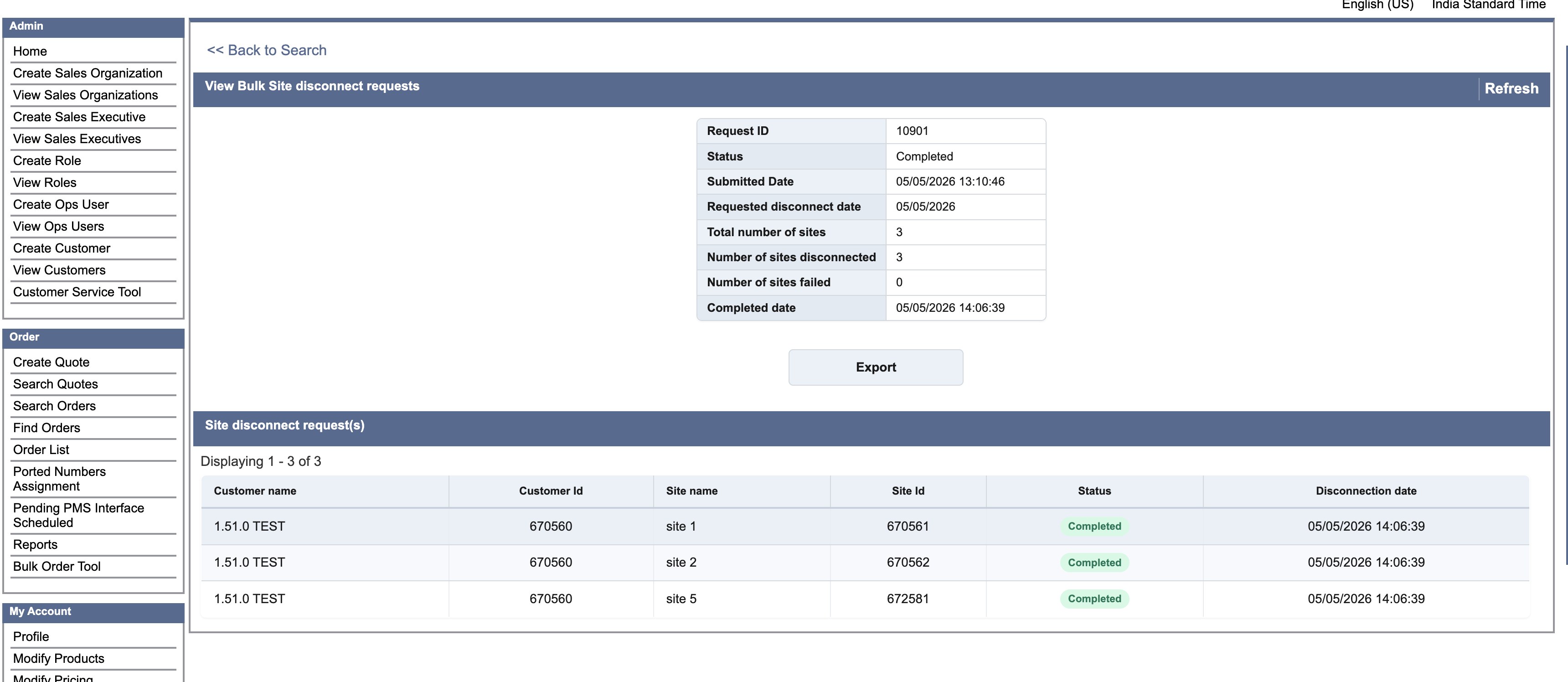 This view displays the detailed results of a completed bulk site disconnection request, including summary statistics and a list of processed sites.