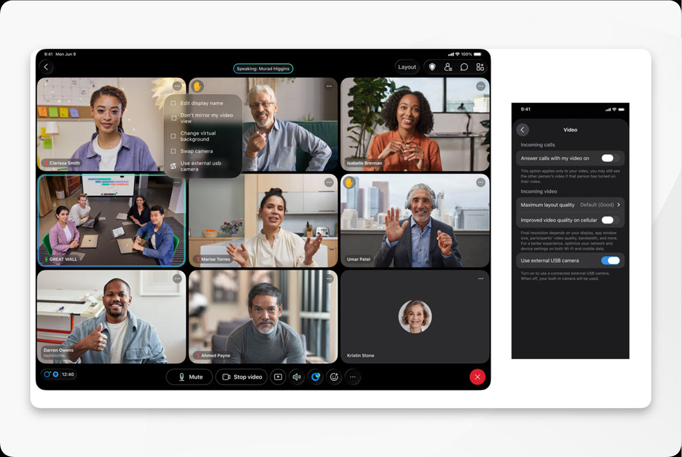 Webex App setting to use external USB camera