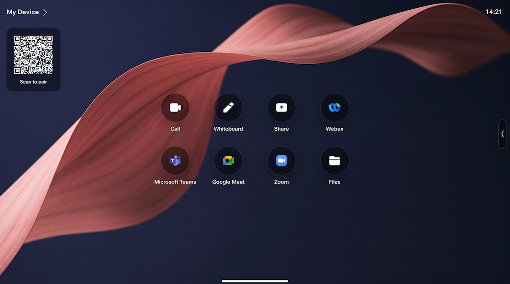 Desk Pro home screen with a QR code in the upper left corner. Below the QR code reads "Scan to pair".