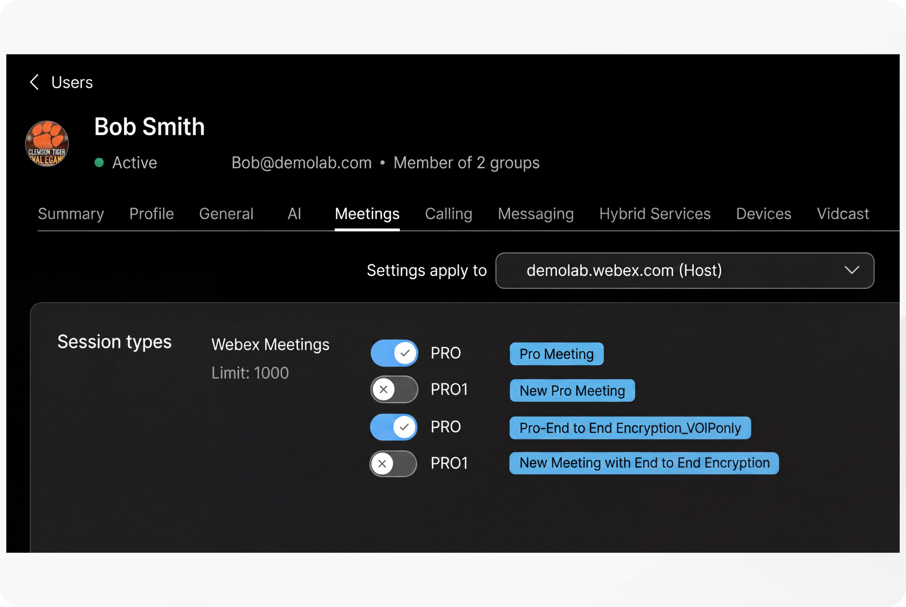 Assigning meeting session types to users