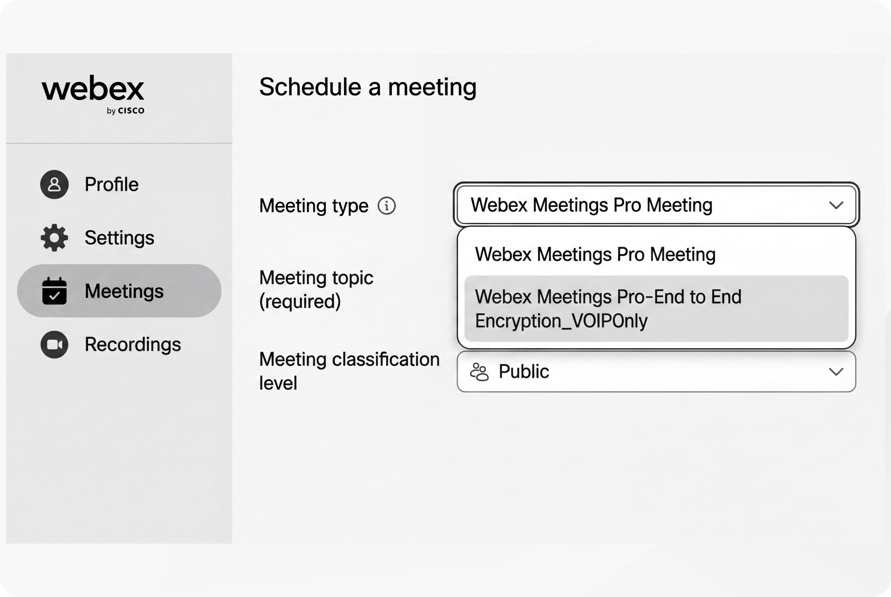 Schedule a meeting—Select the meeting type from the Webex user page