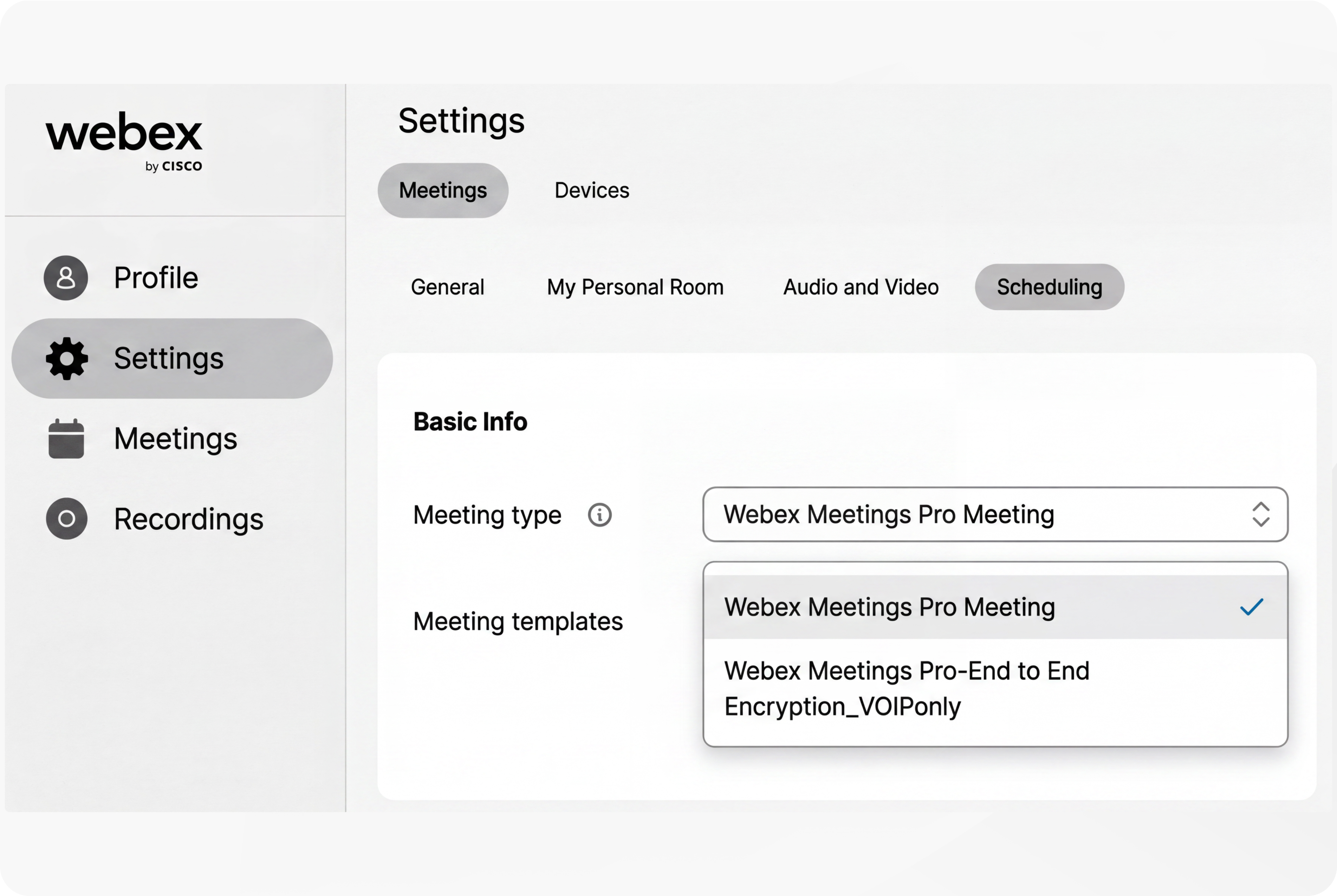 Set the Default Meeting Type from the Webex User page