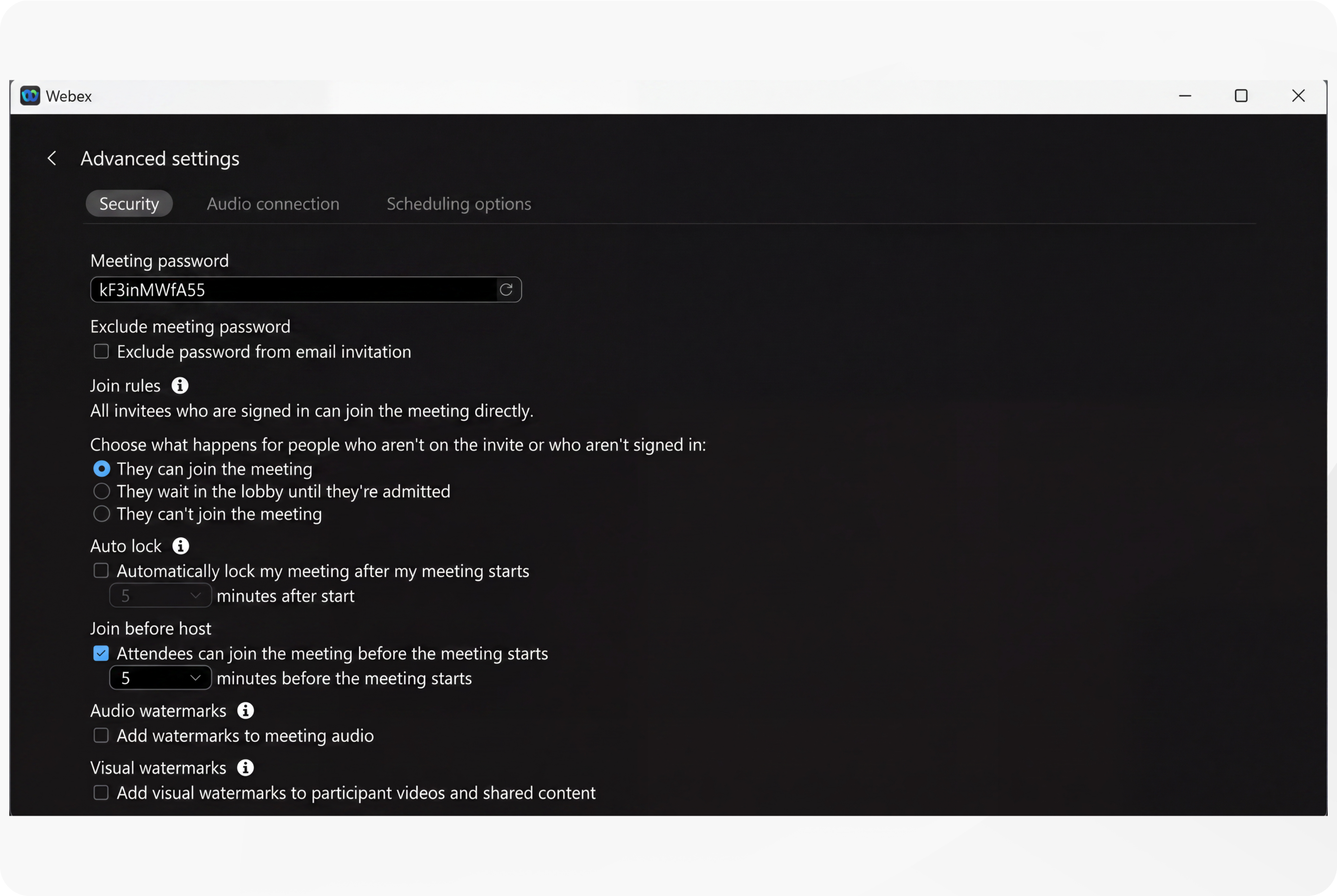 Security options for hosts when scheduling a meeting