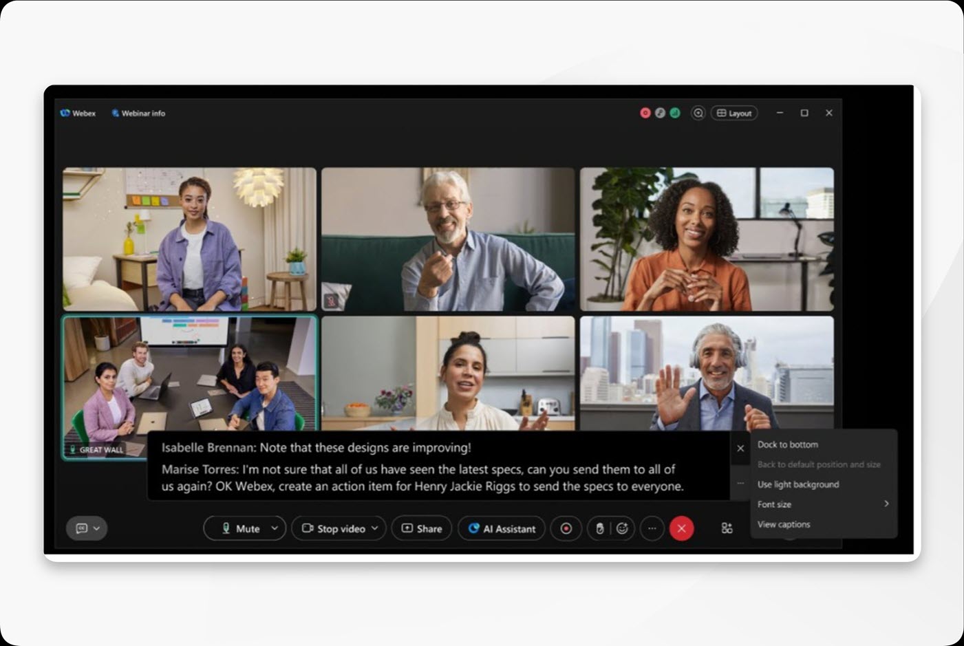 Dock the floating caption bar to the bottom of the Webex meeting window