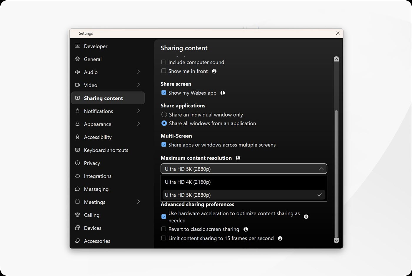 Webex App setting to set the maximum content resolution for sharing