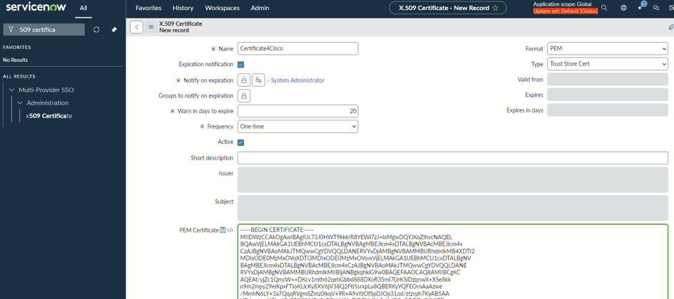 ServiceNow x.509 certificate record with PEM certificate content.