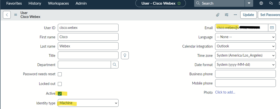 ServiceNow user record with Machine identity type and Web Service Access only enabled.