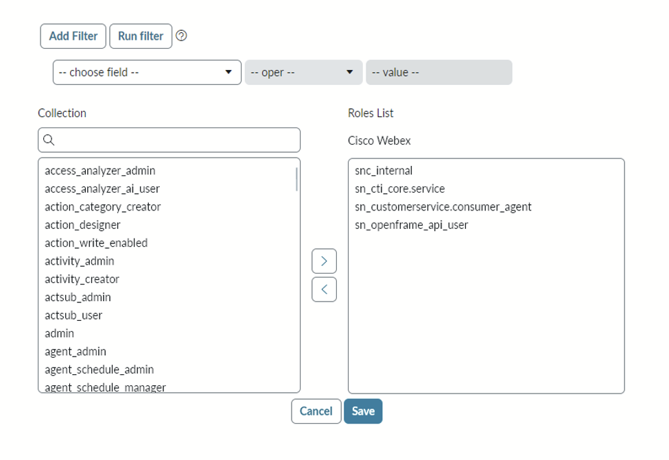 ServiceNow roles assigned to the technical user.