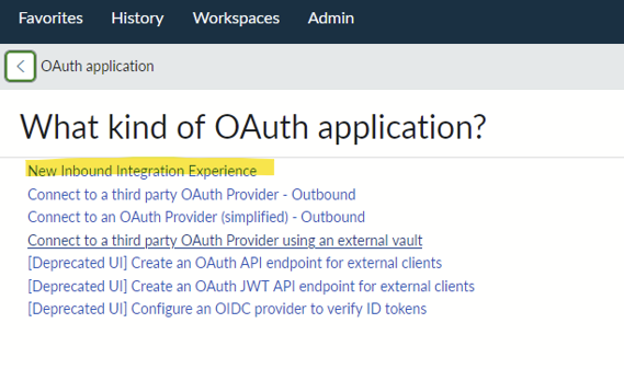 ServiceNow OAuth application type page with New Inbound Integration Experience highlighted.